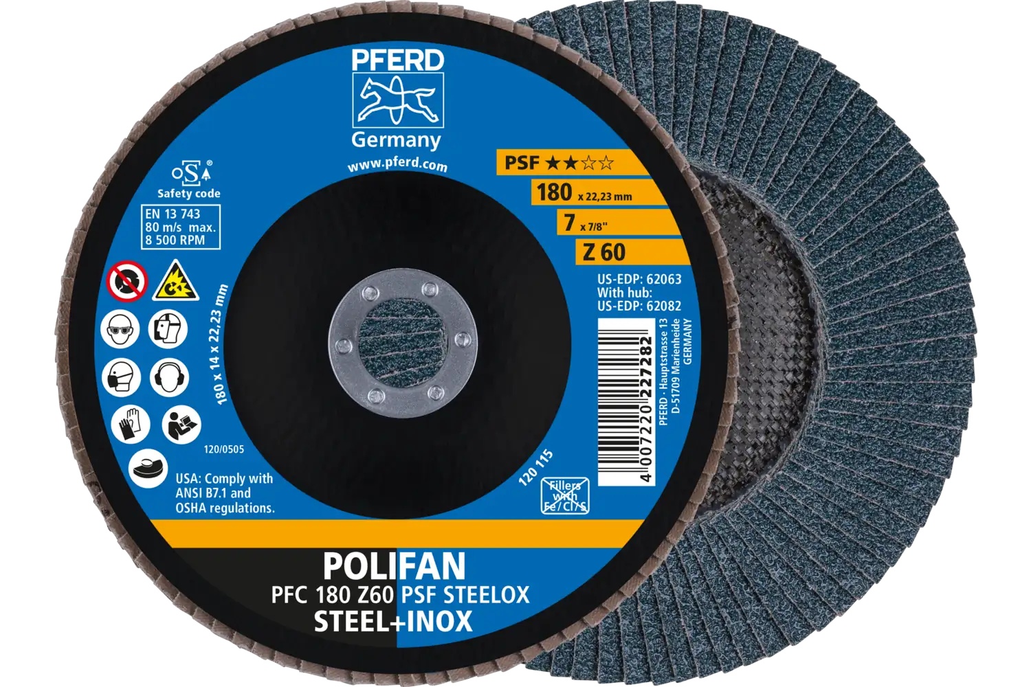 Picture of Pferd Flap Disc, 7" x 7/8, Z PSF Steelox, 60 Grit, T29, Conical, Zirconia